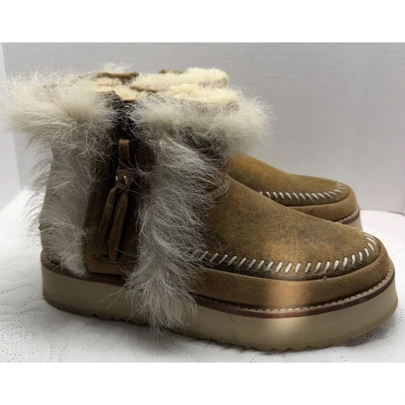 UGG Fluff Punk Womens Ankle Boots Chestnut Suede Toscana Sheepskin Size 8 - Picture 2 of 12